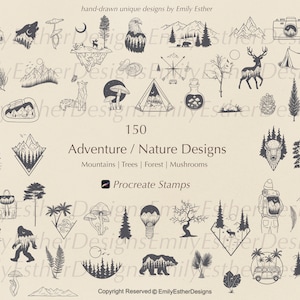 Procreate adventure stamps, procreate nature stamps, procreate mountain brushes, travel stamps, camping brushes, procreate tattoo stamps