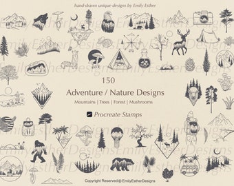 150 Procreate Adventure Stamps: Nature, Mountain, Camping (Brushset)