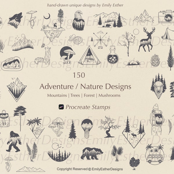 Procreate Adventure Stamps | Procreate Nature Stamps | Procreate Mountain Brushet | Travel Stamps | Camping Brushes| Procreate Tattoo stamps