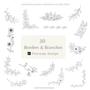 May include: A set of 30 hand-drawn floral borders and branches, perfect for adding a touch of elegance to your digital designs. These Procreate stamps are ideal for creating invitations, cards, and other creative projects.