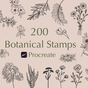 200 procreate botanical stamps, floral procreate stamps, procreate flower stamps, procreate leaves, commercial use included