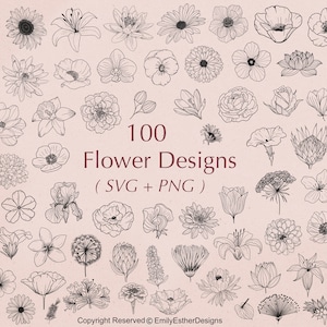Paquete de 100 SVG de flores, imágenes prediseñadas florales y SVG de flores dibujadas a mano, diseños SVG de plantas