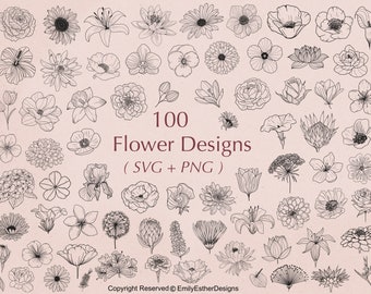 100 Hand-Drawn Flower SVG Bundle: Floral Clipart (PNG)