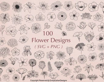 Lot de 100 fleurs Svg | Ensemble Svg floral | Fleur Svg | SVG floral | Plante Svg | fleur dessinée à la main Svg | Clipart fleur