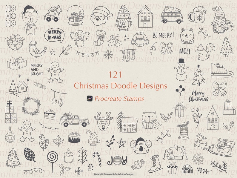May include: A set of 121 black and white Christmas doodle designs for Procreate stamps. The designs include a variety of festive elements such as reindeer, snowmen, presents, Christmas trees, and more.