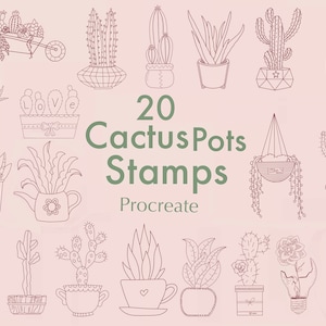 May include: Twenty hand-drawn cactus and succulent plant illustrations in pots, perfect for use as digital stamps in the Procreate app. The illustrations are in a simple line style and feature a variety of pots, including a watering can, a teacup, and a hanging planter.