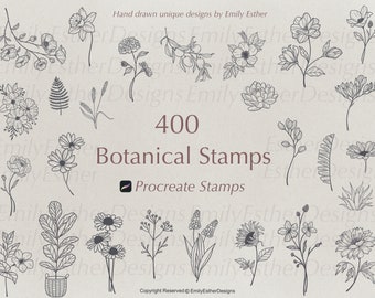 May include: A set of 400 hand-drawn botanical stamps for Procreate. The stamps feature a variety of flowers, leaves, and other plant elements in a black and white line art style.