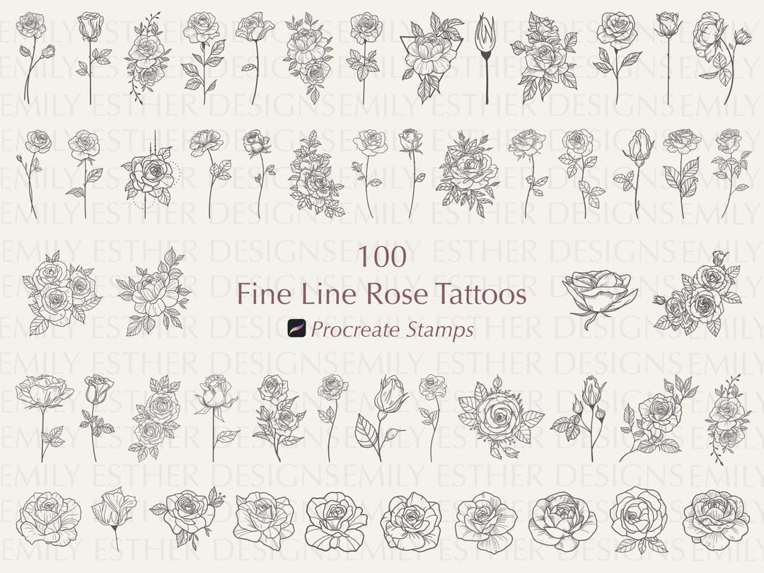 Fine Line Rose Tattoo Procreate Stamps: Botanical Floral Brush Set - Etsy