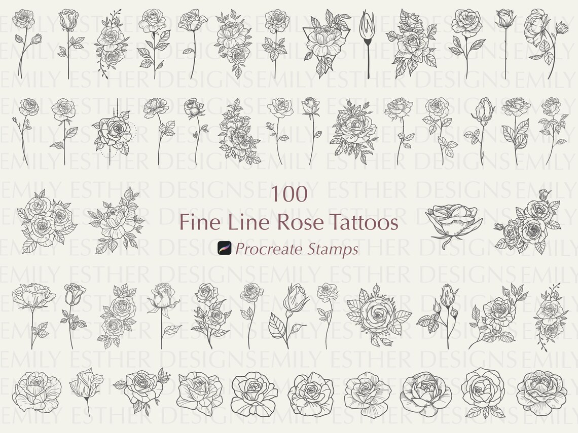 Fine Line Rose Tattoo Procreate Stamps: Botanical Floral Brush Set - Etsy
