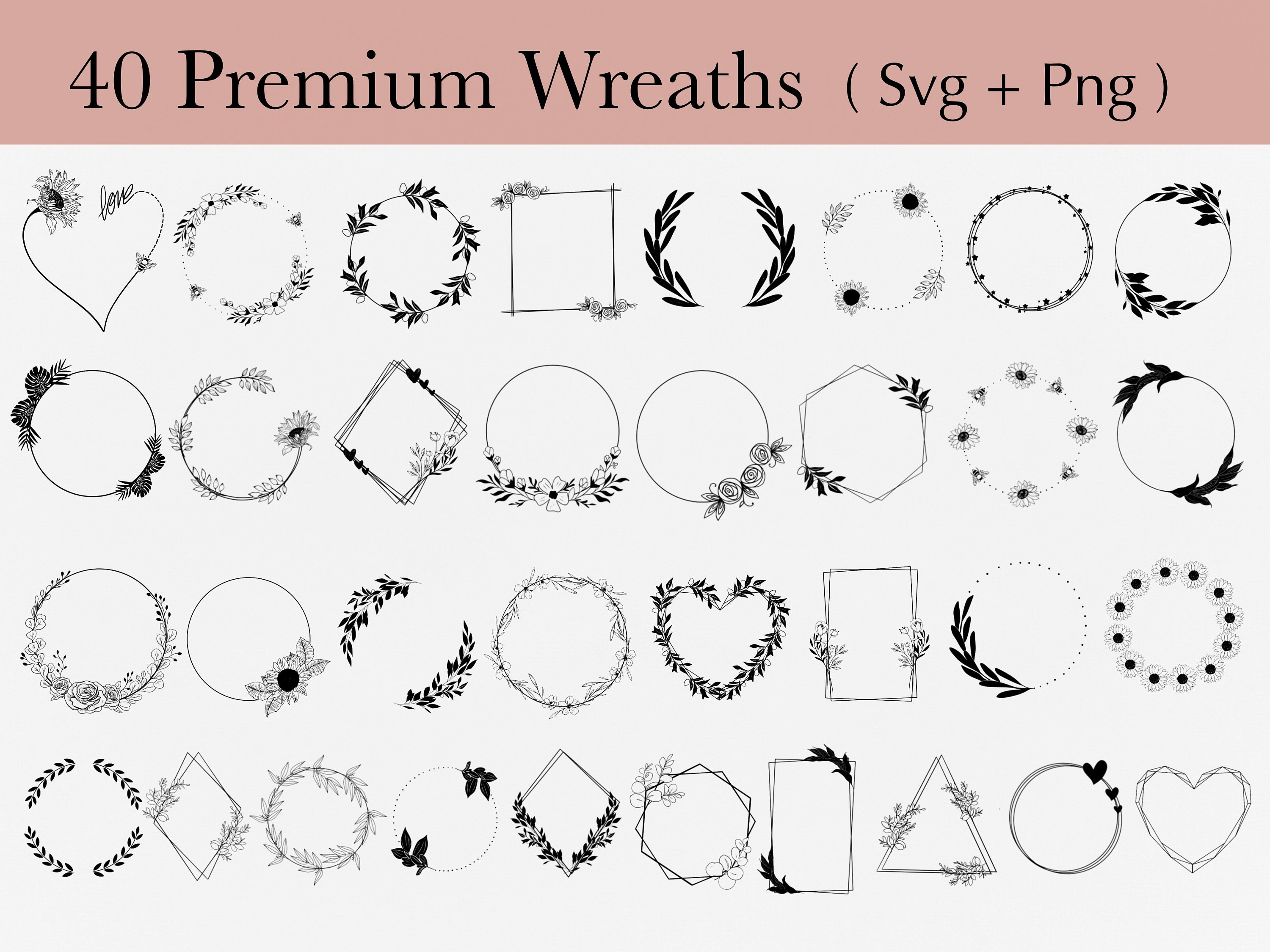 Floral Wreath SVG Bundle: Hand-Drawn Laurel, Heart, Circle (Cut Ready)