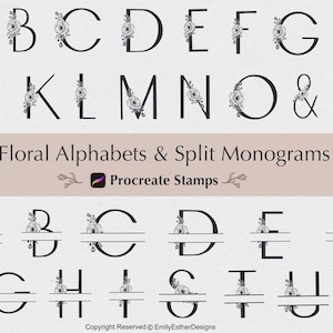 Puede incluir: Sellos de alfabeto floral y monograma dividido en blanco y negro para Procreate. Las letras están delineadas en negro y tienen diseños florales a su alrededor. Los monogramas divididos son las mismas letras pero con una línea que las divide por la mitad.