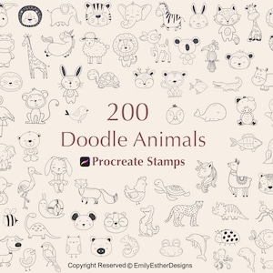 200 個の動物落書き Procreate スタンプ、Procreate 動物スタンプ、Procreate 落書きスタンプ、動物スタンプ、Procreate ブラシ セット、スタンプ バンドル