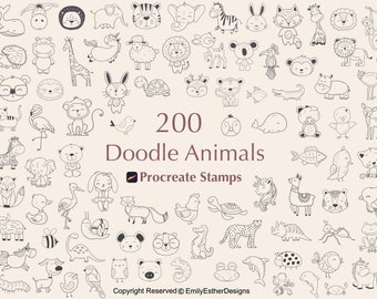 200 animal doodle procreate stamps, procreate animal stamps, procreate doodle stamps, animal stamps, procreate brush set, stamp bundle