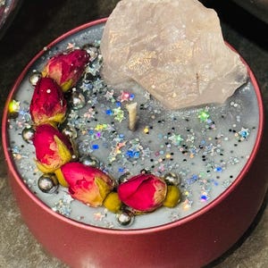 You Put a Spell on Me ROSE QUARTZ Crystal and Soy Candle/8oz handmade small batch love spell candle/