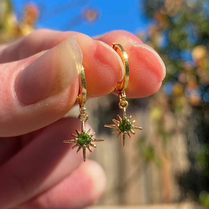 August/Peridot Birthstone earrings || wishing star earrings || huggie earrings || cubic zirconia || tarnish resistant jewelry ||