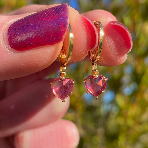 thumbnail image 2 of Old English Jewellers 9ct Gold On Silver Simulated Sapphire & CZ Heart Drop Huggie Earrings 2 of 6
