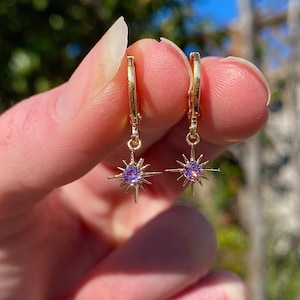 February/Amethyst Birthstone earrings || wishing star earrings || huggie earrings || cubic zirconia || tarnish resistant jewelry ||