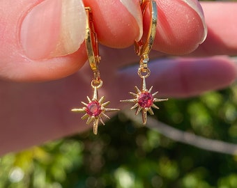 January/Garnet Birthstone earrings || wishing star earrings || huggie earrings || cubic zirconia earrings || tarnish resistant earrings ||