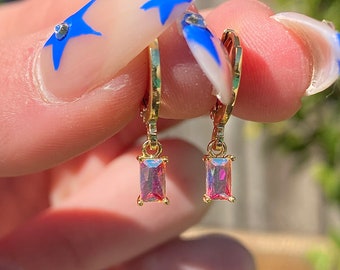 rainbow crystal baguette huggie earrings || cute || dainty || minimalist || y2k || trendy || gold earrings || jewelry for women || cute gift