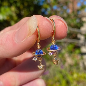 blue celestial planet earrings || dangle earrings || huggie earrings || cubic zirconia || tarnish resistant jewelry ||