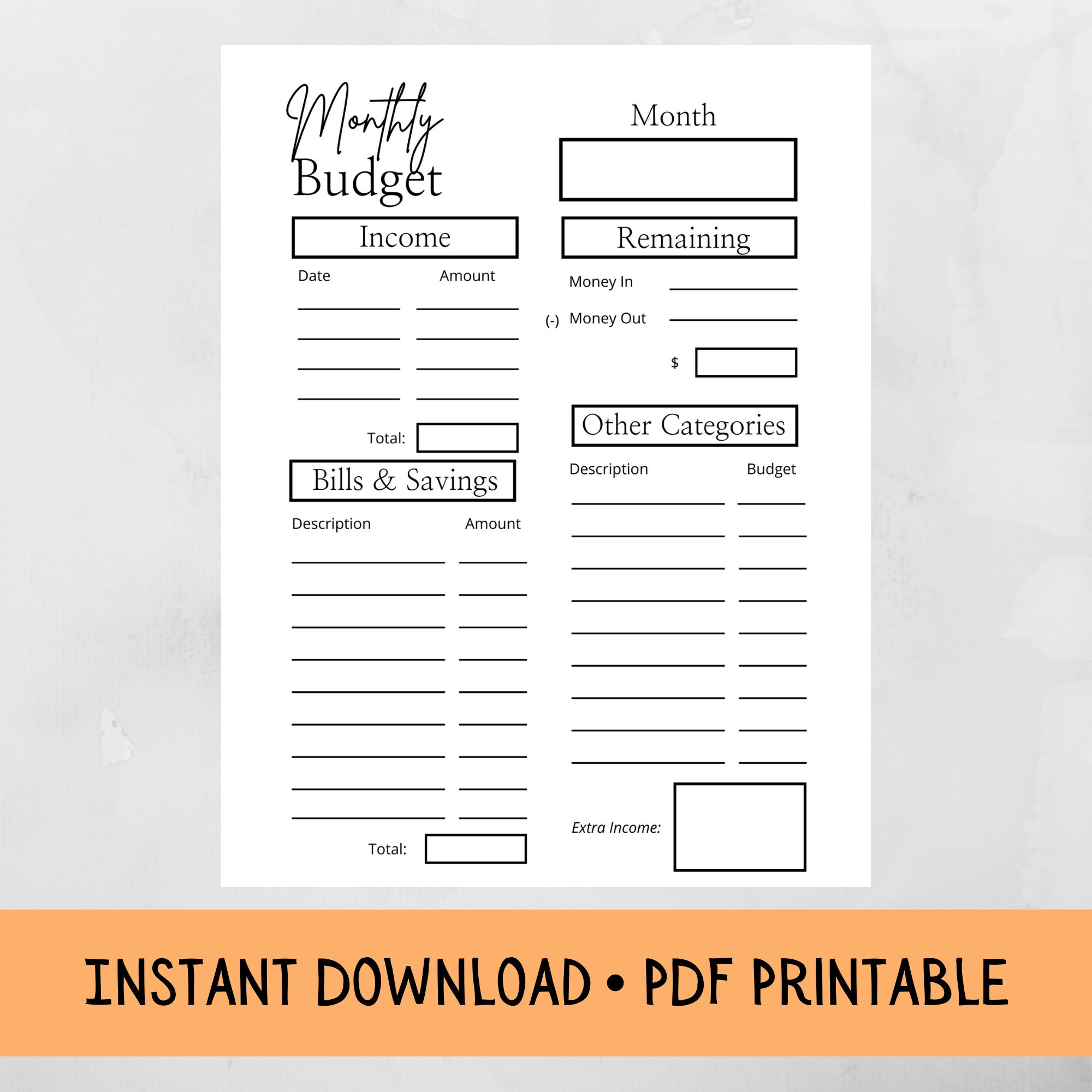 Simple Monthly Budget Black &amp; White Theme Instant Download PDF ...
