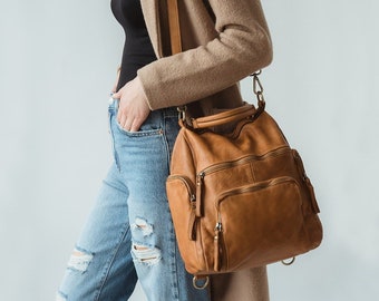 Cognac Italian Leather Backpack Purse, Soft Slouchy Boho Backpack Purse, Small Leather Backpack Purse, Convertible Backpack Crossbody Bag