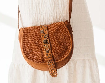 Woven Leather Crossbody with Embellishments, Cognac Woven Italian Leather Bag, Blush Pink Woven Leather Bag, *Almost Perfect Sale Event*