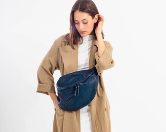 Urban Leather Sling Bag, Large Distressed Italian Leather Crossbody Sling Bag, Ocean Blue Leather Cossbody Bag,  One Limited Edition Batch