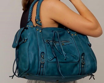 Buttery soft Blue Italian Leather Oversized Handbag Crossbody Shoulder Bag, Boho Blue Handbag, Very Last Ones