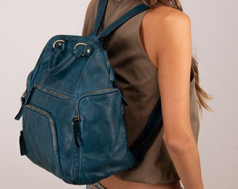 Sac à dos en cuir souple et souple, petit sac à main, sac à dos en cuir bleu, sac à dos avec poches, sac à dos en cuir italien beurre