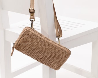 Woven Leather Wallet Crossbody Clutch & Phone Bag, Beige Leather Wallet, Leather Crossbody Phone Bag, Convertible Clutch Crossbody Phone Bag