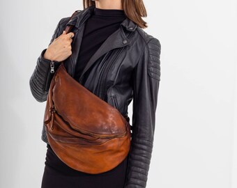 Oversized Urban Leather Sling Bag, Distressed Italian Leather Crossbody Sling Bag, Cognac  Leather Cossbody,  Bag One Limited Edition Batch