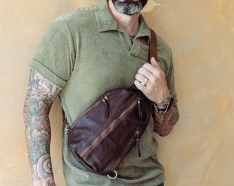 Men's Brown Leather Sling Bag, Men's leather chest bag, Men's Leather Crossbody Bag, Buttery Soft Rugged Italian Leather Travel Bag