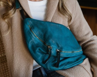 Blue Leather Sling Bag, Boho Soft Slouchy Hobo Sling Bag, Blue Festival Bag, Oversized Leather Sling Bag, XL Sling Bag, Buttery Soft Bag