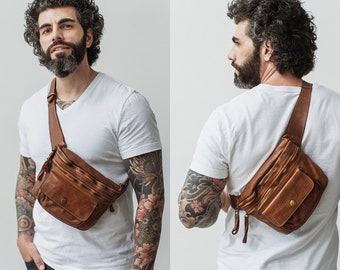 Men's Soft Distressed Italian Leather Sling Bag, Men's Cognac Leather Crossbody Bag, Men's Leather Chest Bag, Last Ones!