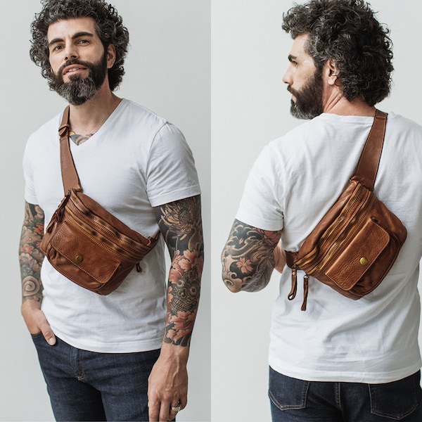 Men's Soft Distressed Italian Leather Sling Bag, Men's Cognac Leather Crossbody Bag, Men's Leather Chest Bag, Last Ones!