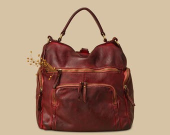 Convertible Soft Leather Backpack Purse, Bordeaux Backpack, Artisan Soft Slouchy Vintage Leather Bag, The Original Boho Backpack Brand!
