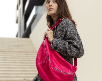 Pink Sling Bag, Pink Leather Crossbody Sling Bag, Boho Sling Bag, Soft and Slouchy Leather Hobo Sling Bag, Buttery Soft Italian Leather