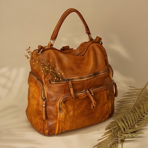 Cognac Leather Convertible Backpack Purse, Buttery Soft and  display picture 2