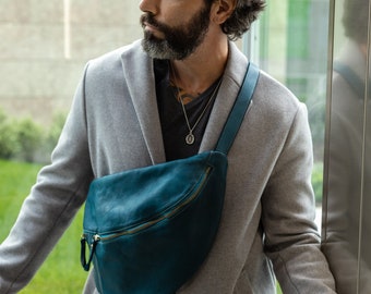 Men's Blue Sling, Men's Blue Leather Sling Bag, Men's Blue Lesather Crossbody Bag, Men's Oversized Sling, Men's Blue Chest Bag,