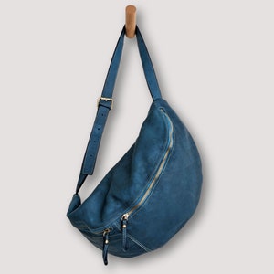 Men's Blue Sling, Men's Blue Leather Sling Bag, Men's Blue Lesather Crossbody Bag, Men's Oversized Sling, Men's Blue Chest Bag, image 9