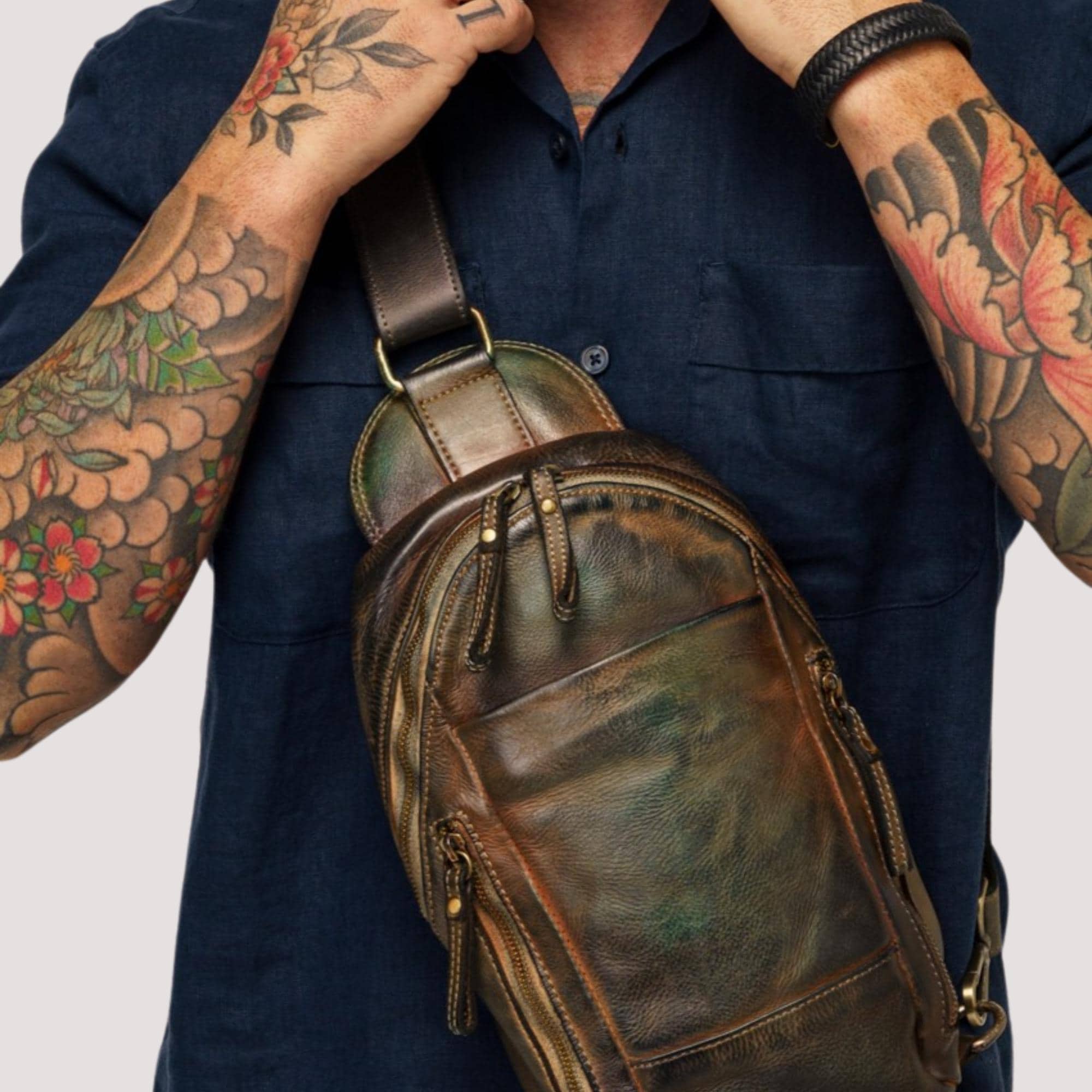 Men's Soft Leather Sling Bag with Adjustable Leather Crossbody Strap Men's Distressed Leather Sling Bag, Artisan 'Petrol Blue' Made in ITALY