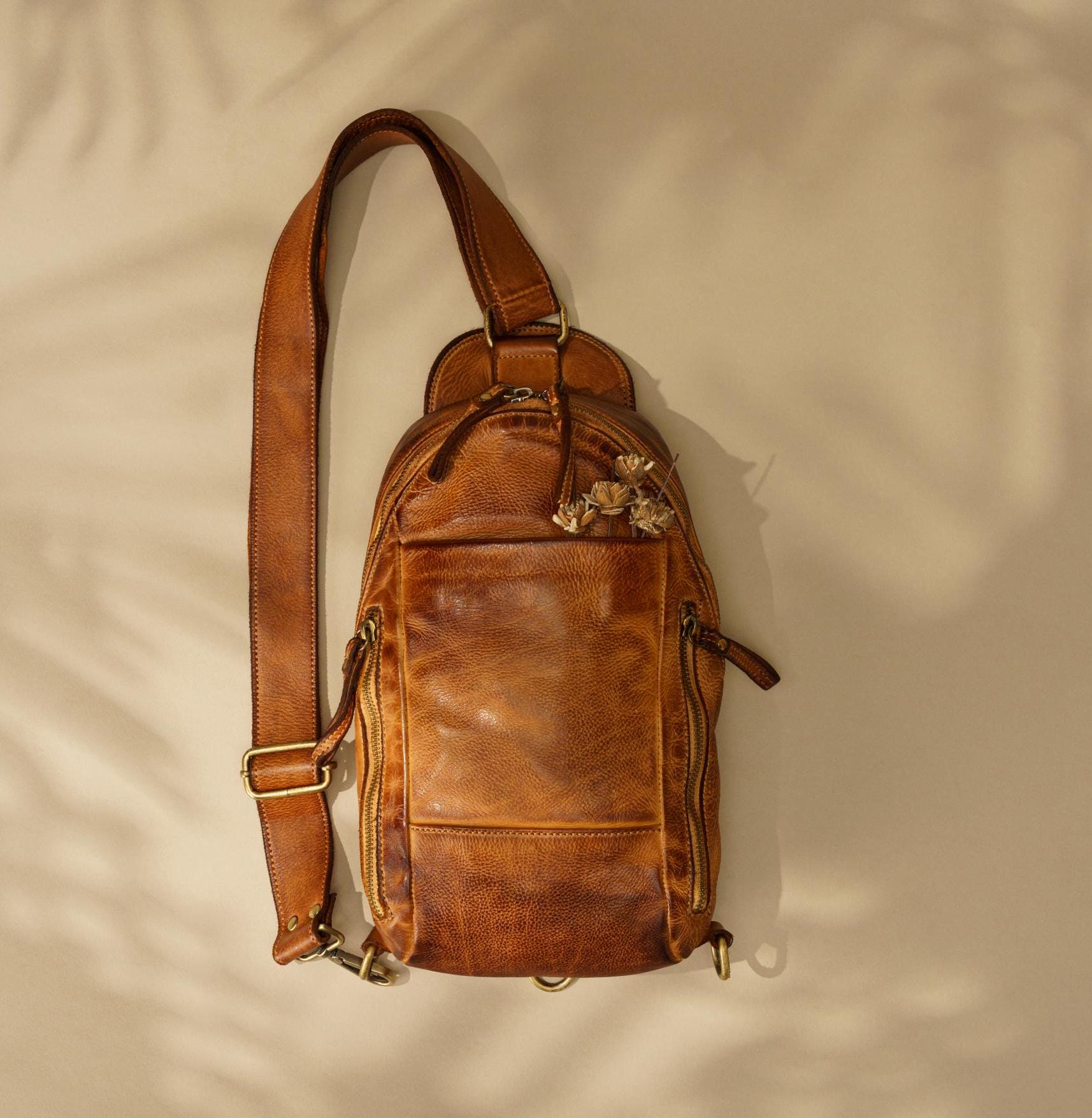 Genuine Leather Sling Bag For Men & Women - Vintage Crossbody Backpack, Shoulder Bag With Multiple Pockets, Brown Medium - View #11