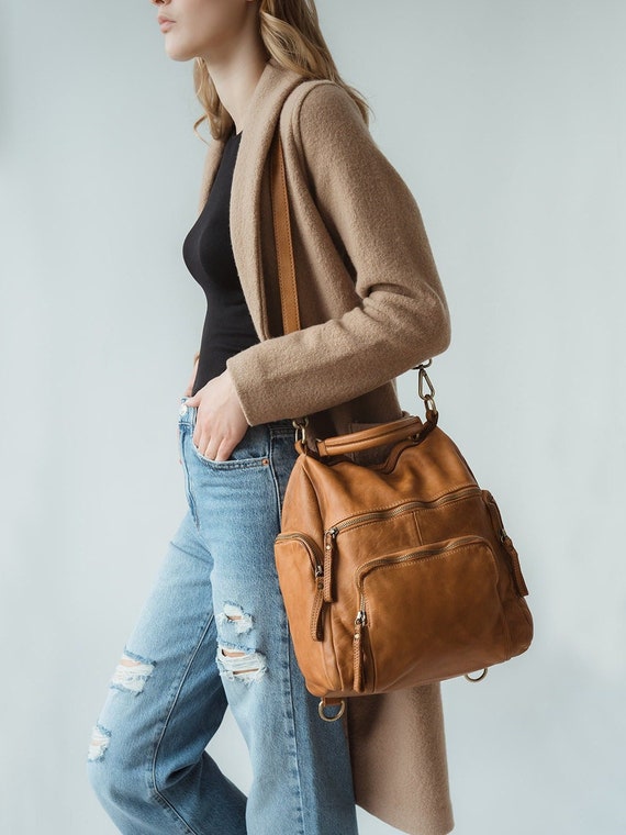 Convertible Backpack Purse by Okra Beige Transformer Bag - Etsy | Backpack  tote bag, Women leather backpack, Laptop bag for women