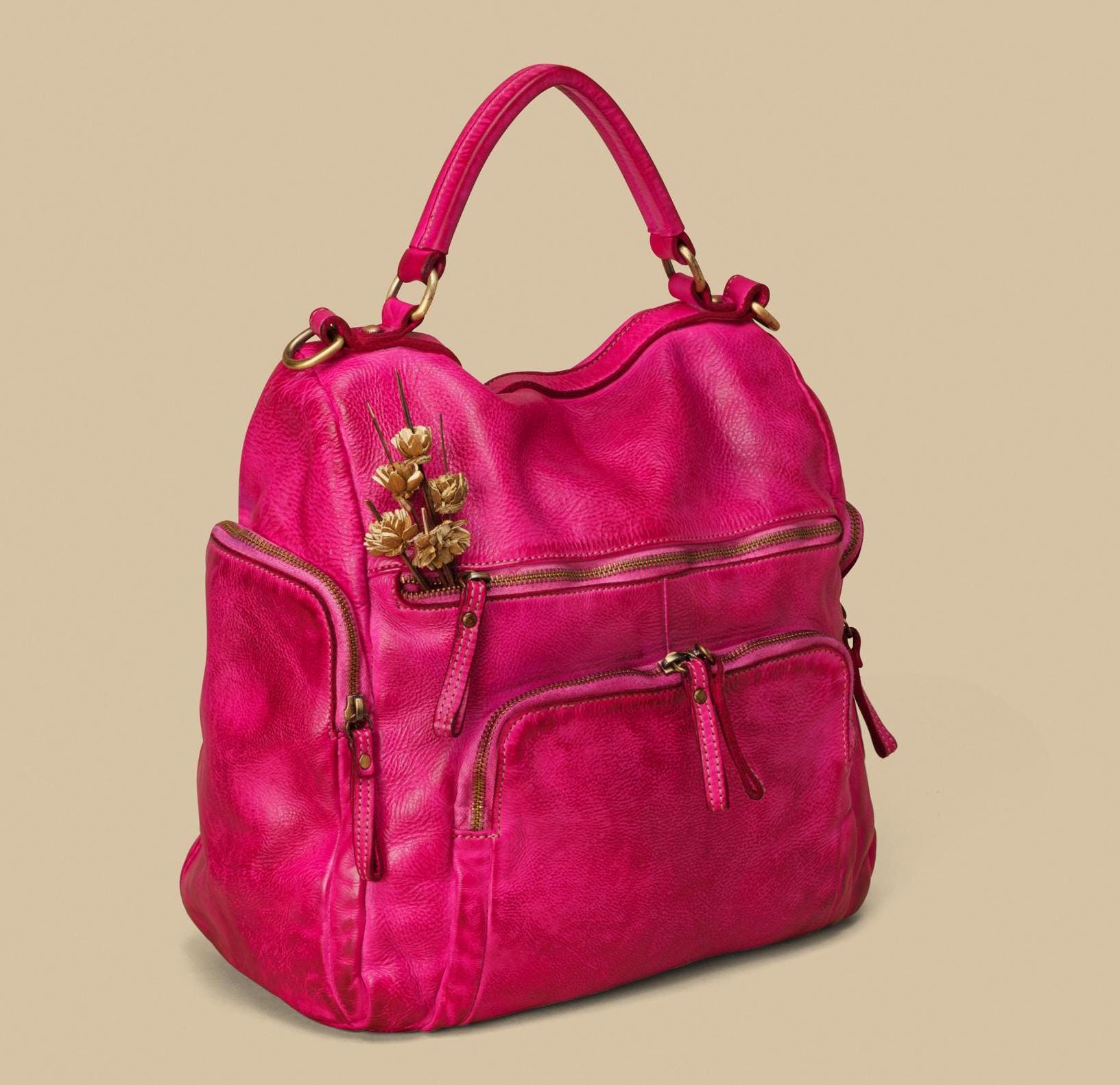 Fuchsia Pink Leather Convertible Backpack Purse, Soft 