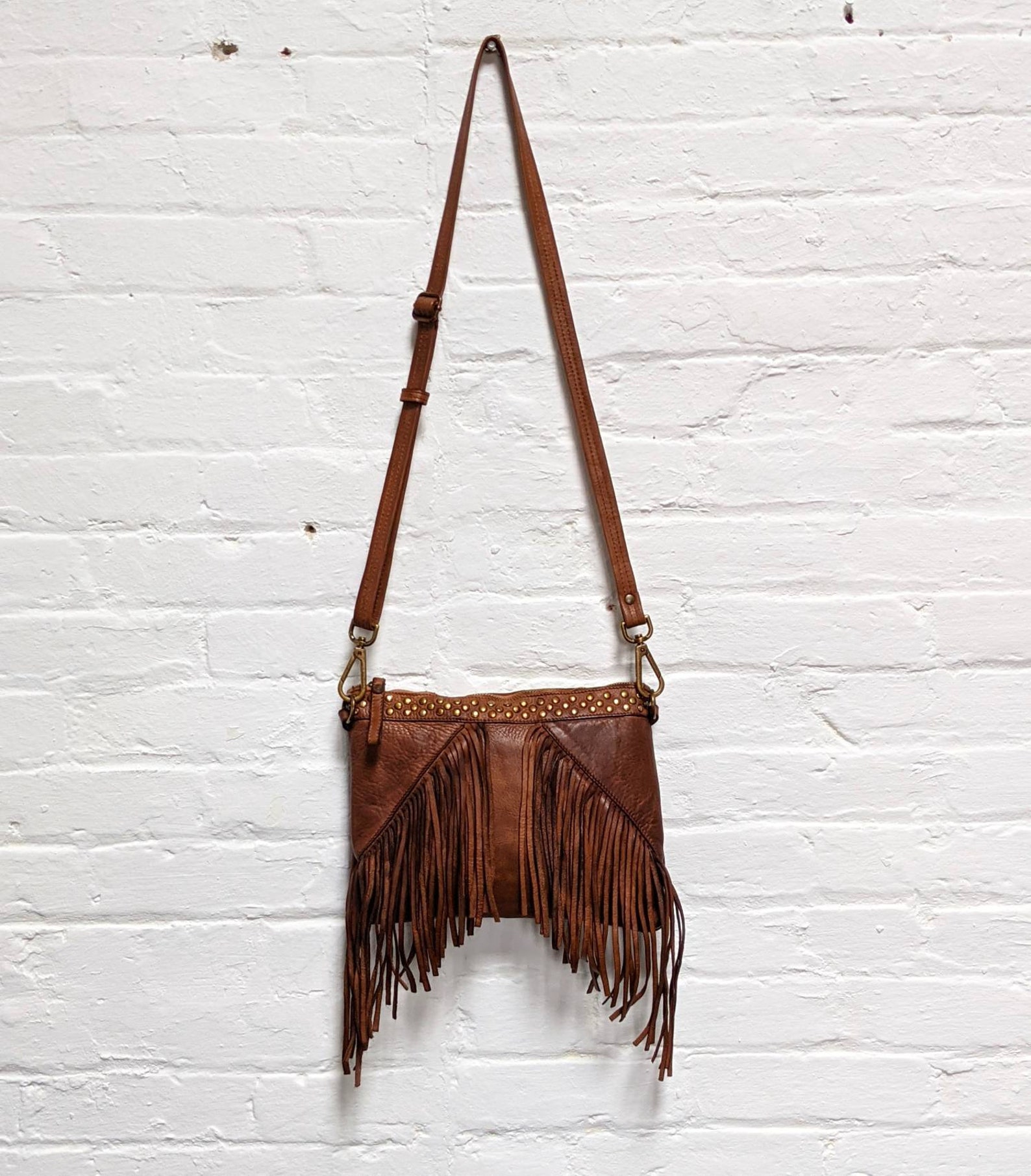 Fringe Leather Crossbody With Studs Studded Fringe Leather Etsy
