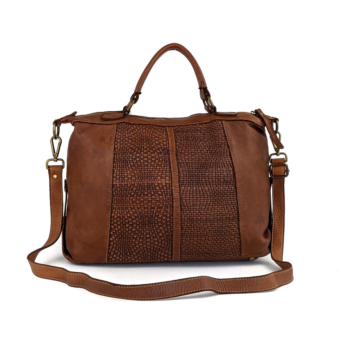 SALE Italian Distressed Leather Handbag with Woven Leather Etsy