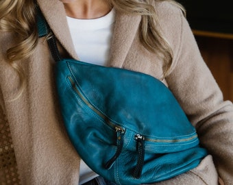 Buttery Soft Italian Leather Sling Bag, Teal Sling Bag, Leather Crossbody Bag, Luxury Sling Bag, Lightweight Crossbody Bag, Travel Bag