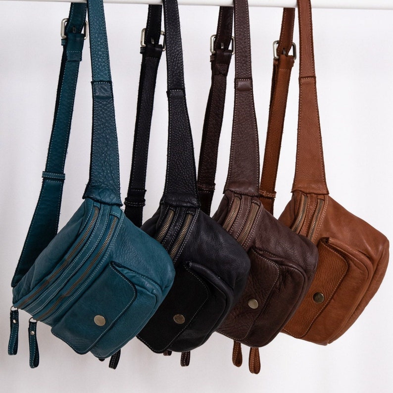 Leather Sling and Belt Bag, Leather Fanny Pack, Soft Distressed Italian Leather Crossbody, Leather 4 Colors Teal, Cognac, Brown & Black image 1