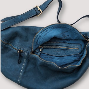 Men's Blue Sling, Men's Blue Leather Sling Bag, Men's Blue Lesather Crossbody Bag, Men's Oversized Sling, Men's Blue Chest Bag, image 10